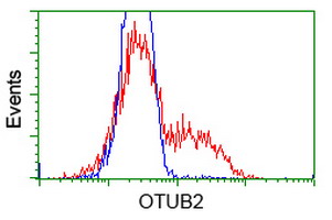 HEK293T cells transfected with either overexpress plasmid (Red) or empty vector control plasmid (Blue) were immunostained by anti-OTUB2 antibody, and then analyzed by flow cytometry.