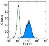 Surface staining of human PD-1 transfected cells with anti-human PD-1 (J116) FITC. Appropriate isotype controls were used (open histogram). Total viable cells were used for analysis.