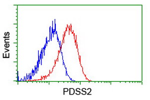 Flow cytometry of HeLa cells, using anti-PDSS2 antibody (Red), compared to a nonspecific negative control antibody (Blue).