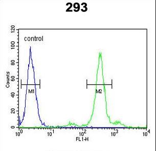 PGD Antibody flow cytometry of 293 cells (right histogram) compared to a negative control cell (left histogram). FITC-conjugated goat-anti-rabbit secondary antibodies were used for the analysis.