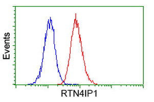 Flow cytometry of Jurkat cells, using anti-RTN4IP1 antibody (Red), compared to a nonspecific negative control antibody (Blue).