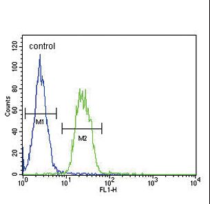 S6A12 Antibody flow cytometry of MDA-MB231 cells (right histogram) compared to a negative control cell (left histogram). FITC-conjugated goat-anti-rabbit secondary antibodies were used for the analysis.