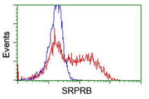 HEK293T cells transfected with either overexpress plasmid (Red) or empty vector control plasmid (Blue) were immunostained by anti-SRPRB antibody, and then analyzed by flow cytometry.