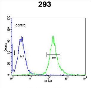STX1A Antibody flow cytometry of 293 cells (right histogram) compared to a negative control cell (left histogram). FITC-conjugated goat-anti-rabbit secondary antibodies were used for the analysis.