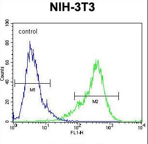 K1609 Antibody flow cytometry of NIH-3T3 cells (right histogram) compared to a negative control cell (left histogram). FITC-conjugated goat-anti-rabbit secondary antibodies were used for the analysis.