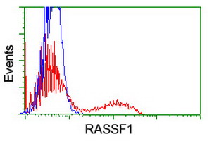 HEK293T cells transfected with either overexpress plasmid (Red) or empty vector control plasmid (Blue) were immunostained by anti-RASSF1 antibody, and then analyzed by flow cytometry.