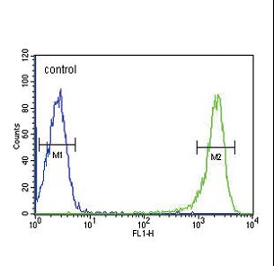 PSMB1 Antibody flow cytometry of HL-60 cells (right histogram) compared to a negative control cell (left histogram). FITC-conjugated goat-anti-rabbit secondary antibodies were used for the analysis.