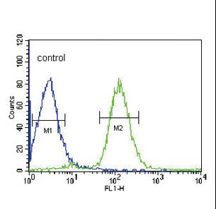 VHL Antibody flow cytometry of HepG2 cells (right histogram) compared to a negative control cell (left histogram). FITC-conjugated goat-anti-rabbit secondary antibodies were used for the analysis.