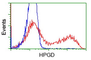HEK293T cells transfected with either overexpress plasmid (Red) or empty vector control plasmid (Blue) were immunostained by anti-HPGD antibody, and then analyzed by flow cytometry.