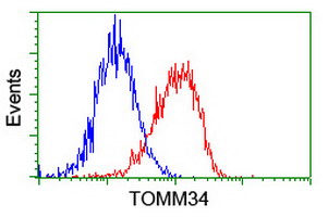 Flow cytometry of HeLa cells, using anti-TOMM34 antibody (Red), compared to a nonspecific negative control antibody (Blue).