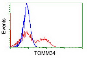 HEK293T cells transfected with either overexpress plasmid (Red) or empty vector control plasmid (Blue) were immunostained by anti-TOMM34 antibody, and then analyzed by flow cytometry.