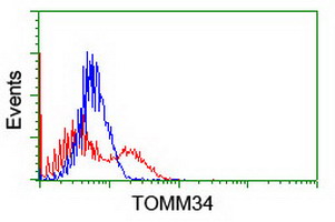 HEK293T cells transfected with either overexpress plasmid (Red) or empty vector control plasmid (Blue) were immunostained by anti-TOMM34 antibody, and then analyzed by flow cytometry.