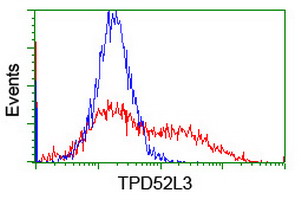 HEK293T cells transfected with either overexpress plasmid (Red) or empty vector control plasmid (Blue) were immunostained by anti-TPD52L3 antibody, and then analyzed by flow cytometry.
