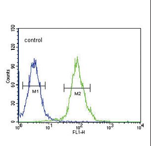 TPH2 Antibody flow cytometry of 293 cells (right histogram) compared to a negative control cell (left histogram). FITC-conjugated goat-anti-rabbit secondary antibodies were used for the analysis.
