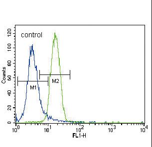 Parkin Antibody flow cytometry of NCI-H460 cells (right histogram) compared to a negative control cell (left histogram). FITC-conjugated goat-anti-rabbit secondary antibodies were used for the analysis.