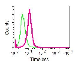 Flow cytometry of permeabilized NIH/3T3 cells using anti-Timeless antibody (red)or a rabbit IgG (negative) (green).