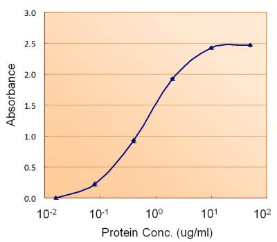 Sandwich ELISA: Acetyl Coenzyme A Carboxylase Beta Antibody [NB100-59750] - Sandwich-type ELISA with increasing amount of recombinant ACACB captured by a rabbit antibody. Recommended reporter concentration: 1-2ug/ml