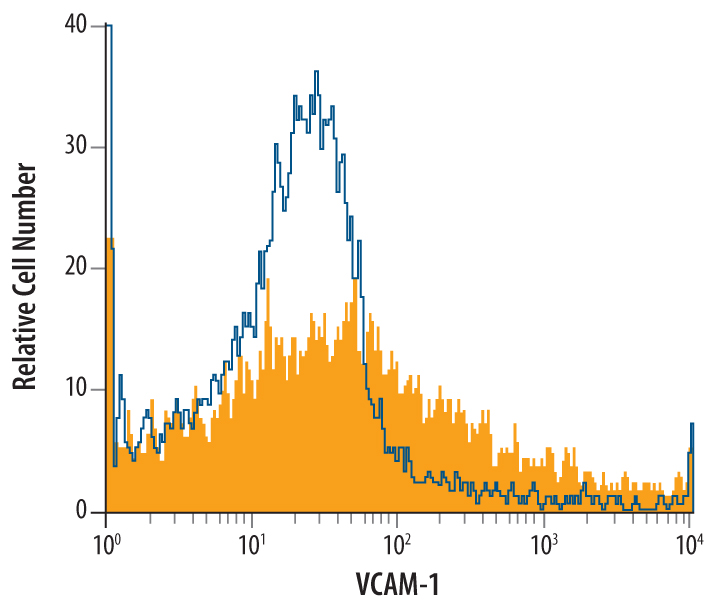 Mouse bone marrow cells were stained with Goat Anti-Mouse VCAM‑1/CD106 Antigen Affinity-purified Polyclonal Antibody (Catalog # AF643, filled histogram) or control antibody (Catalog # AB-108-C, open histogram), followed by Phycoerythrin-conjugated Anti-Goat IgG Secondary Antibody (Catalog # F0107).