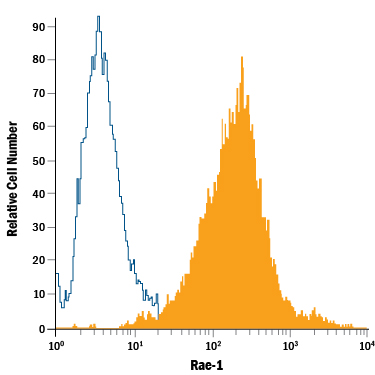 RAW 264.7 mouse monocyte/macrophage cell line was stained with Rat Anti-Mouse Rae-1 Pan Specific PE-conjugated Monoclonal Antibody (Catalog # FAB17582P, filled histogram) or isotype control antibody (Catalog # IC006P, open histogram). View our protocol for Staining Membrane-associated Proteins.