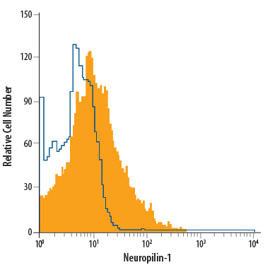 PC-12 rat adrenal pheochromocytoma cell line was stained with Goat Anti-Mouse/Rat Neuropilin-1 Alexa Fluor® 700-conjugated Antigen Affinity-purified Polyclonal Antibody (Catalog # FAB566N, filled histogram) or isotype control antibody (Catalog # IC108N, open histogram). View our protocol for Staining Membrane-associated Proteins.