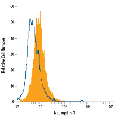 PC-12 rat adrenal pheochromocytoma cell line was stained with Goat Anti-Mouse/Rat Neuropilin-1 PerCP-conjugated Antigen Affinity-purified Polyclonal Antibody (Catalog # FAB566C, filled histogram) or isotype control antibody (Catalog # IC108C, open histogram). View our protocol for Staining Membrane-associated Proteins.