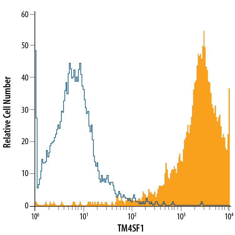 A549 human lung carcinoma cell line was stained with Mouse Anti-Human TM4SF1/L6 APC-conjugated Monoclonal Antibody (Catalog # FAB8164A, filled histogram) or isotype control antibody (Catalog # IC002A, open histogram). View our protocol for Staining Membrane-associated Proteins. 