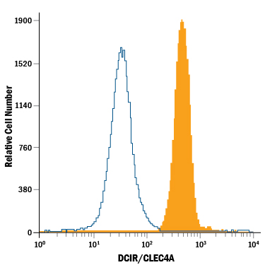 Human peripheral blood neutrophils were stained with Mouse Anti-Human DCIR/CLEC4A PE-conjugated Monoclonal Antibody (Catalog # FAB1748P, filled histogram) or isotype control antibody (Catalog # IC002P, open histogram). View our protocol for Staining Membrane-associated Proteins.