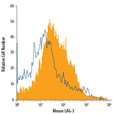 Mouse splenocytes treated with PMA and Calcium Ionomycin for 3 days were stained with Rat Anti-Mouse LAG-3 Alexa Fluor® 700-conjugated Monoclonal Antibody (Catalog # FAB33281N, filled histogram) or isotype control antibody (Catalog # IC013N, open histogram). View our protocol for Staining Membrane-associated Proteins.
