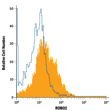 NTera-2 human testicular embryonic carcinoma cell line was stained with Mouse Anti-Human ROBO2 APC-conjugated Monoclonal Antibody (Catalog # FAB3147A, filled histogram) or isotype control antibody (Catalog # IC002A, open histogram). View our protocol for Staining Membrane-associated Proteins.
