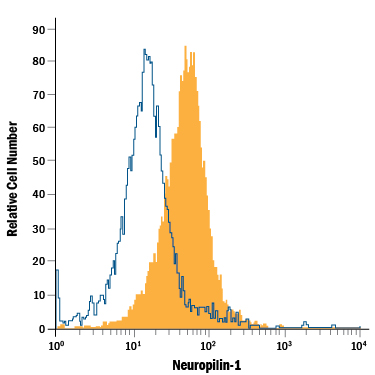 bEnd.3 mouse endothelioma cell line was stained with Rat Anti-Mouse Neuropilin-1 APC-conjugated Monoclonal Antibody (Catalog # FAB5994A, filled histogram) or isotype control antibody (Catalog # IC006A, open histogram). View our protocol for Staining Membrane-associated Proteins.