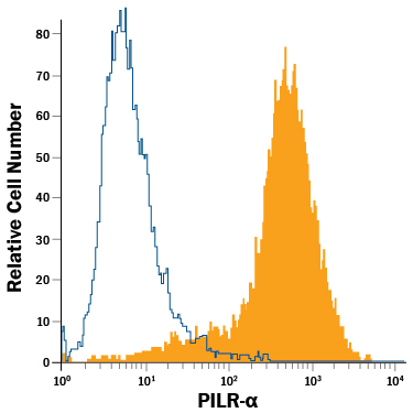J774A.1  mouse reticulum cell sarcoma macrophage cell line was stained with Goat  Anti-Mouse PILR-a PE-conjugated Antigen  Affinity-purified Polyclonal Antibody (Catalog # FAB4318P, filled histogram)  or isotype control antibody (Catalog # IC108P,  open histogram). View our protocol for Staining  Membrane-associated Proteins.