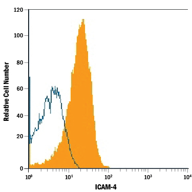 Human red blood cells were stained with Sheep Anti-Human ICAM-4 APC-conjugated Antigen Affinity-purified Polyclonal Antibody (Catalog # FAB7179A, filled histogram) or isotype control antibody (Catalog # IC016A, open histogram). View our protocol for Staining Membrane-associated Proteins.