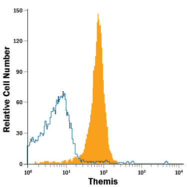 Mouse  thymocytes were stained with Rat Anti-Mouse Themis APC-conjugated  Monoclonal Antibody (Catalog # IC6816A, filled histogram) or isotype control  antibody (Catalog # IC013A,  open histogram). To facilitate intracellular staining, cells were fixed with Flow Cytometry Fixation Buffer (Catalog # FC004) and permeabilized with Flow Cytometry Permeabilization/Wash Buffer I (Catalog # FC005).  View our protocol for  Staining  Intracellular Molecules.