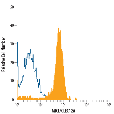 Human peripheral blood granulocytes were stained with Mouse Anti-Human MICL/CLEC12A PerCP-conjugated Mono­clonal Antibody (Catalog # FAB2946C, filled histogram) or isotype control antibody (Catalog # IC0041C, open histogram). View our protocol for Staining Membrane-associated Proteins.
