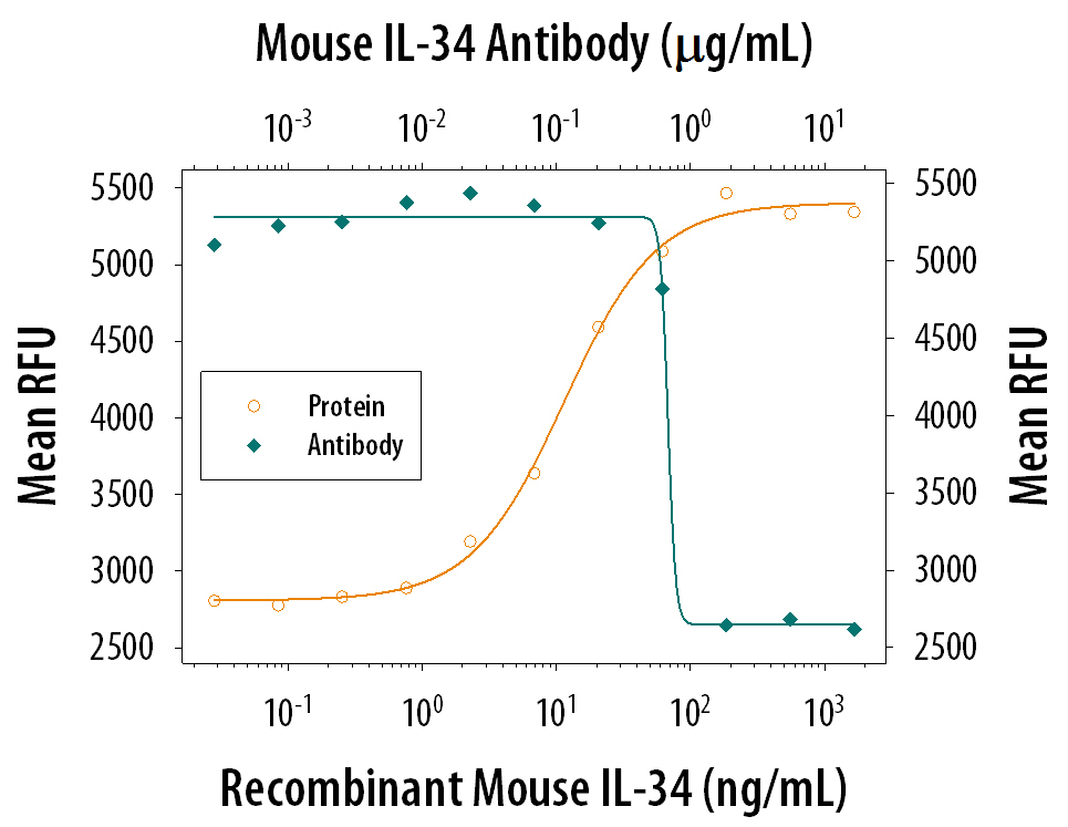Recombinant Mouse IL‑34 (Catalog # 5195-ML) induces proliferation in the M‑NFS‑60 mouse myelogenous leukemia lymphoblast cell line in a dose-dependent manner (orange line). Proliferation elicited by Recombinant Mouse IL‑34 (100 ng/mL) is neutralized (green line) by increasing concentrations of Sheep Anti-Mouse IL‑34 Antigen Affinity-purified Polyclonal Antibody (Catalog # AF5195). The ND50 is typically 0.3-1.5 μg/mL.