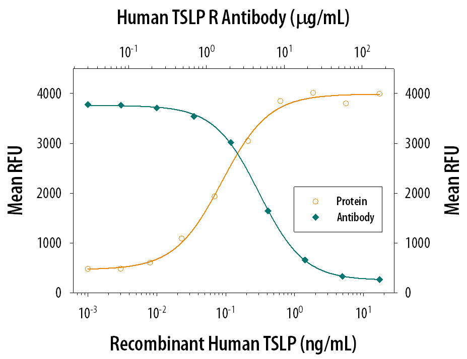 Recombinant Human TSLP (Catalog # 1398-TS) stimulates proliferation in the BaF3 mouse pro‑B cell line co-transfected with human IL‑7 R alpha and TSLP R in a dose-dependent manner (orange line). Proliferation elicited by Recombinant Human TSLP (0.3 ng/mL) is neutralized (green line) by increasing concentrations of Goat Anti-Human TSLP R Antigen Affinity-purified Polyclonal Antibody (Catalog # AF981). The ND50 is typically 1‑5 µg/mL.