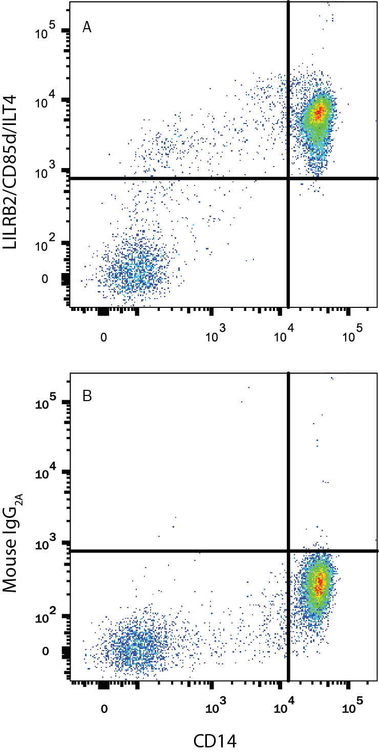 Human peripheral blood monocytes were stained with Mouse Anti-Human CD14 PE‑conjugated Monoclonal Antibody (Catalog # FAB3832P) and either (A) Mouse Anti-Human LILRB2/CD85d/ILT4 Monoclonal Antibody (Catalog # MAB2078) or (B) Mouse IgG2A Isotype Control (Catalog # MAB003) followed by Allophycocyanin-conjugated Anti-Mouse IgG Secondary Antibody (Catalog # F0101B).