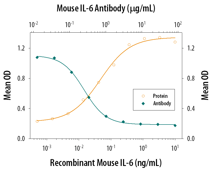Recombinant Mouse IL‑6 (Catalog # 406-ML) stimulates proliferation in the T1165.85.2.1 mouse plasmacytoma cell line in a dose-dependent manner (orange line). Proliferation elicited by Recombinant Mouse IL‑6 (0.25 ng/mL) is neutralized (green line) by increasing concentrations of Goat Anti-Mouse IL‑6 Polyclonal Antibody (Catalog # AB-406-NA). The ND50 is typically0.05-0.15 µg/mL.