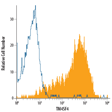 HT‑29 human colon adenocarcinoma cell line was stained with Mouse Anti-Human TM4SF4 Mono­clonal Antibody (Catalog # MAB7998, filled histogram) or isotype control antibody (Catalog # MAB002, open histogram), followed by Allophycocyanin-conjugated Anti-Mouse IgG Secondary Antibody (Catalog # F0101B).