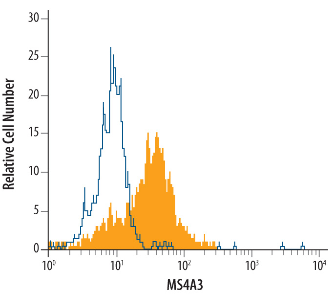 Human peripheral blood monocytes were stained with Human MS4A3 Monoclonal Antibody (Catalog # MAB6247, filled histogram) or isotype control antibody (Catalog # MAB003, open histogram), followed by Fluorescein-conjugated Anti-Mouse IgG F(ab')2 Secondary Antibody (Catalog # F0103B).