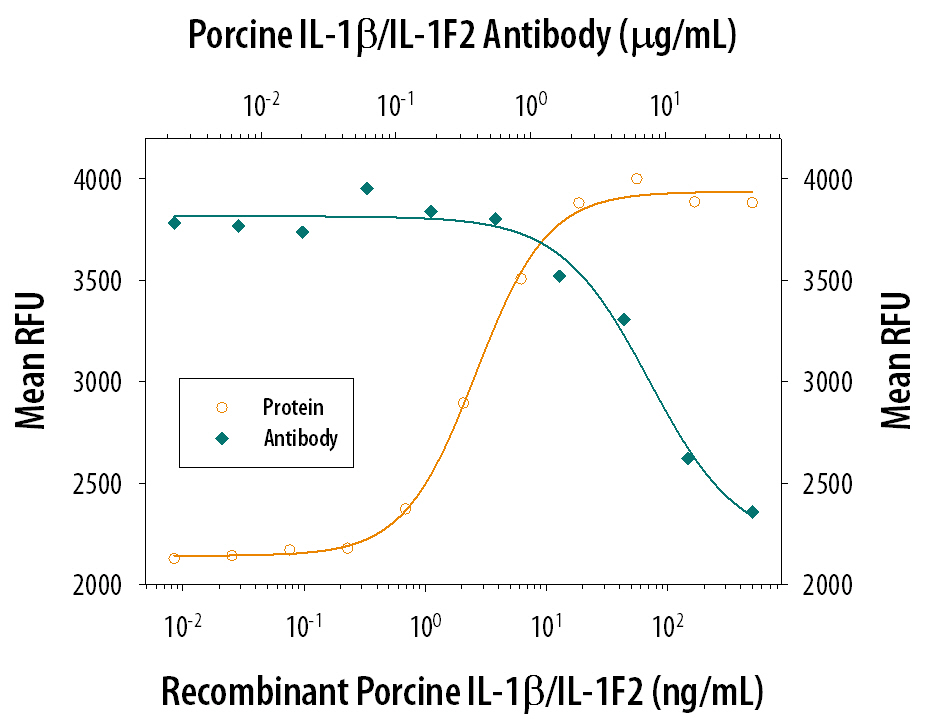 Recombinant Porcine IL‑1 beta /IL‑1F2 (Catalog # 681-PI) stimulates proliferation in the D10.G4.1 mouse helper T cell line in a dose-dependent manner (orange line). Proliferation elicited by Recombinant Porcine IL‑1 beta /IL‑1F2 (20 ng/mL) is neutralized (green line) by increasing concentrations of Goat Anti-Porcine IL‑1 beta /IL‑1F2 Antigen Affinity-purified Polyclonal Antibody (Catalog # AF681). The ND50 is typically 4‑20 µg/mL in the presence of concanavalin A (1.25 µg/mL).