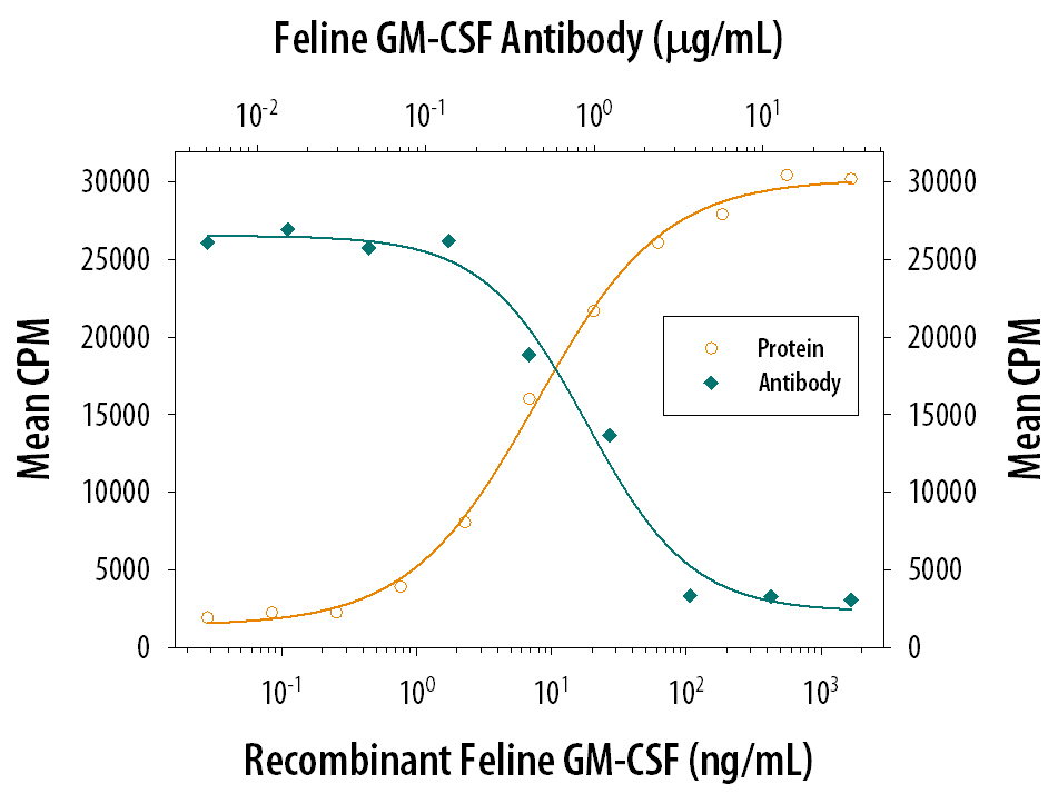 Recombinant Feline GM‑CSF (Catalog # 987-FL) stimulates proliferation in the TF‑1 human erythroleukemic cell line in a dose-dependent manner (orange line). Proliferation elicited by Recombinant Feline GM‑CSF (50 ng/mL) is neutralized (green line) by increasing concen­trations of Goat Anti‑Feline GM‑CSF Antigen Affinity-purified Polyclonal Antibody (Catalog # AF987). The ND50 is typically 0.5-2.0 µg/mL.