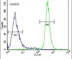 Flow cytometry analysis of A549 cells using a WFDC12 polyclonal antibody (Product # PA5-23873) (right) compared to a negative control cell (left) at a dilution of 1:10-50, followed by a FITC-conjugated goat anti-rabbit antibody
