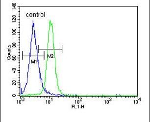 Flow cytometry analysis of MCF-7 cells using a PSG7 polyclonal antibody (Product # PA5-24864) (right) compared to a negative control cell (left) at a dilution of 1:10-50, followed by a FITC-conjugated goat anti-rabbit antibody