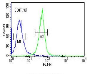 Flow cytometry analysis of K562 cells using a KRTAP1-1 polyclonal antibody (Product # PA5-25474) (right) compared to a negative control cell (left) at a dilution of 1:10-50, followed by a FITC-conjugated goat anti-rabbit antibody