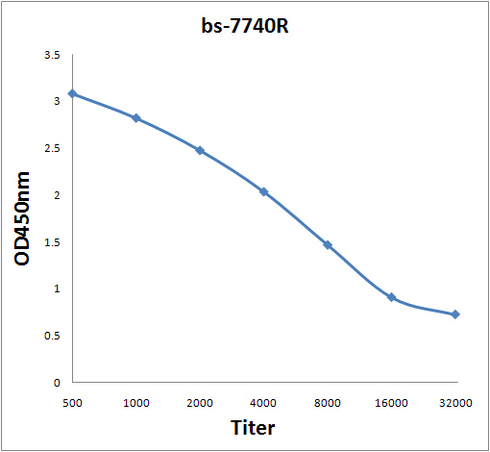 Antigen: bs-7740P, 2ug/100ul \\nPrimary: Antiserum, 1:500, 1:1000, 1:2000, 1:4000, 1:8000, 1:16000, 1:32000; \\nSecondary: HRP conjugated Rabbit Anti-Goat IgG(bs-0294R-HRP) at 1: 5000; \\nTMB staining\\nRead the data in Microplate Reader by 450nm. \\n