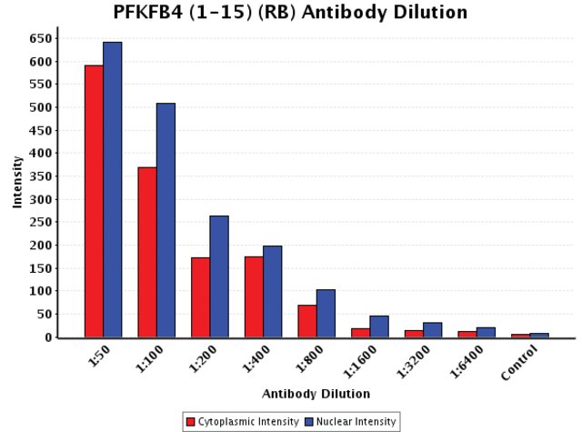 <B>Chart</B><BR/>Anti-PFKFB4 (1-15): <B>Cat. No. F2806</B>: Intensity analysis of Anti-PFKFB4 (1-15) staining. Cytoplasmic and nuclear intensity values were obtained at 8 different antibody dilutions (1:50 to 1:6,400) as compared with the negative control. Yale HTCB IF procedure used.