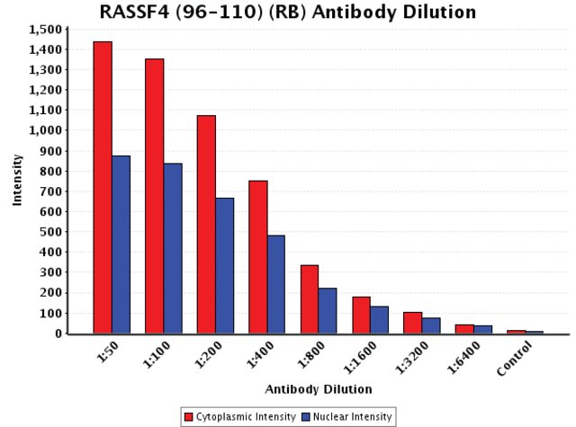 <B>Chart</B><BR/>Anti-RASSF4 (96-110): <B>Cat. No. R2657</B>: Intensity analysis of Anti-RASSF4 (96-110) staining. Cytoplasmic and nuclear intensity values were obtained at 8 different antibody dilutions (1:50 to 1:6,400) as compared with the negative control. Yale HTCB IF procedure used.