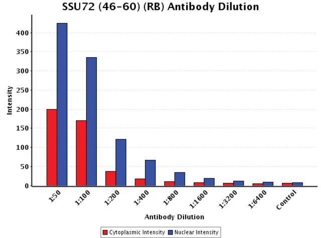 <B>Chart</B><BR/>Anti-SSU72 (46-60): <B>Cat. No. S9448</B>: Intensity analysis of Anti-SSU72 (46-60) staining. Cytoplasmic and nuclear intensity values were obtained at 8 different antibody dilutions (1:50 to 1:6,400) as compared with the negative control. Yale HTCB IF procedure used.
