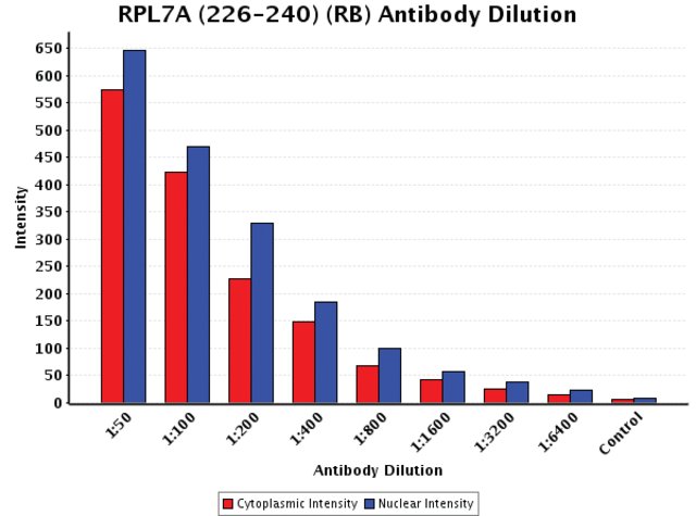<B>Chart</B><BR/>Anti-RPL7A (226-240): <B>Cat. No. R1657</B>: Intensity analysis of Anti-RPL7A (226-240) staining. Cytoplasmic and nuclear intensity values were obtained at 8 different antibody dilutions (1:50 to 1:6,400) as compared with the negative control. Yale HTCB IF procedure used.